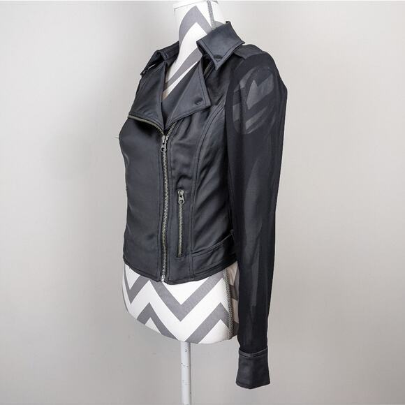 Guess Black Jacket Sheer Sleeve Satin Look Cropped Moto Extra Small XS Y2K - Picture 3 of 15